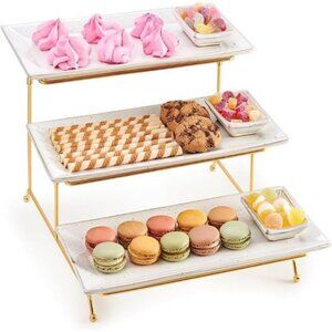 3 Tier Serving Tray Stand - Sturdy, Collapsible Gold Tiered Stand